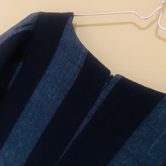 Navy Denim Blue Striped Ruffle Linen Shift Dress - Picture 6 of 8